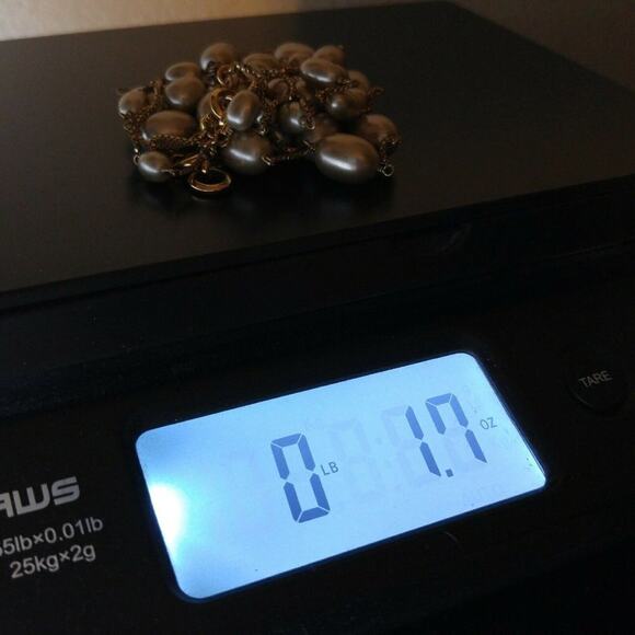 Vintage Monet Taupe Faux Pearl Necklace, Three Strands, Beads W/ Box Chain, 18" - Picture 9 of 9